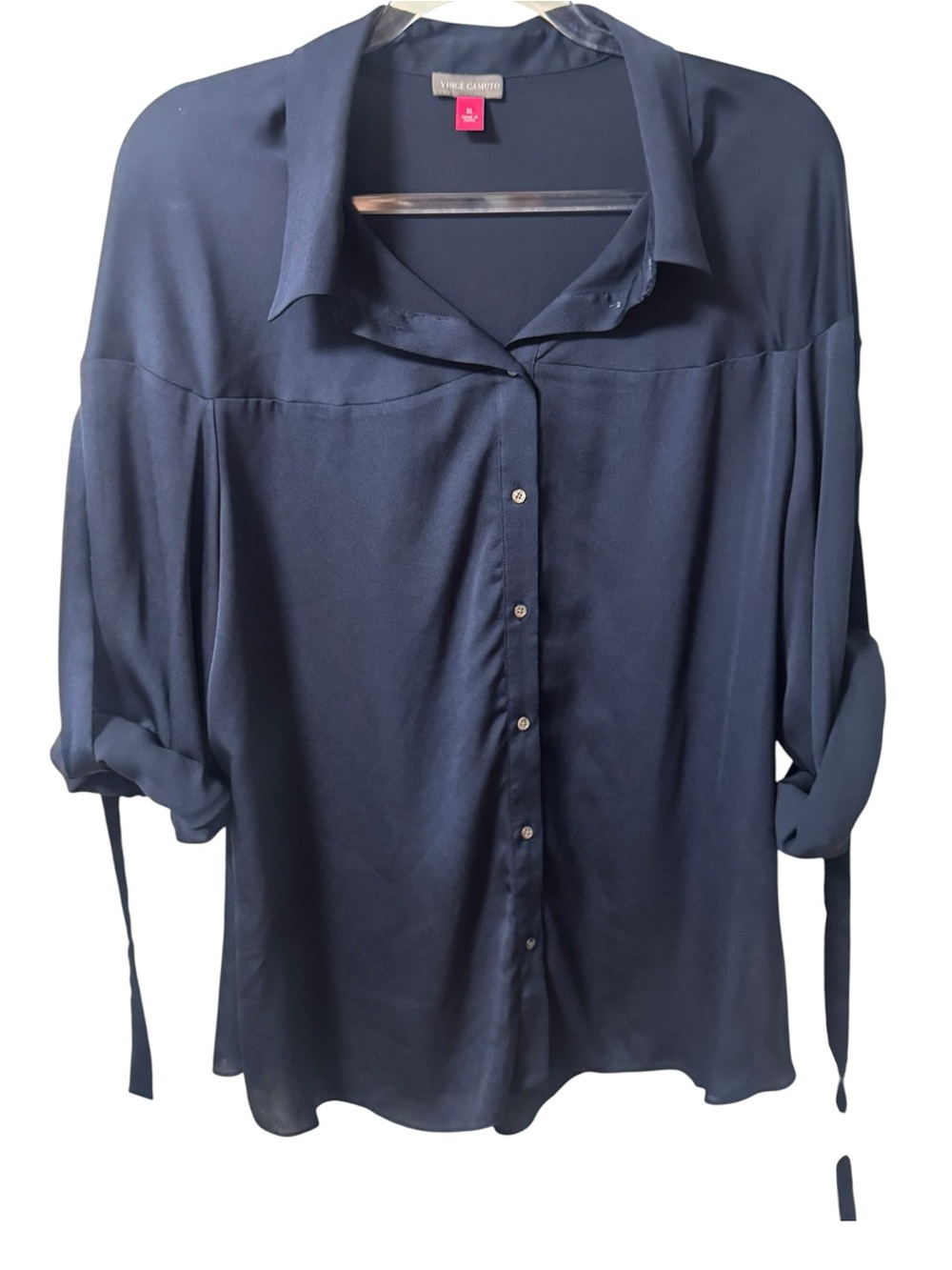 Vince Camuto Button Up Blouse with Roll Up Sleeves Womens XL Navy Blue